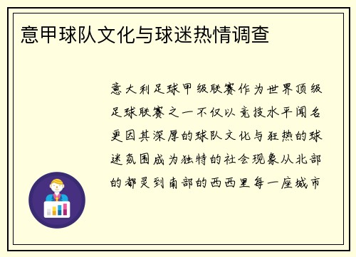 意甲球队文化与球迷热情调查
